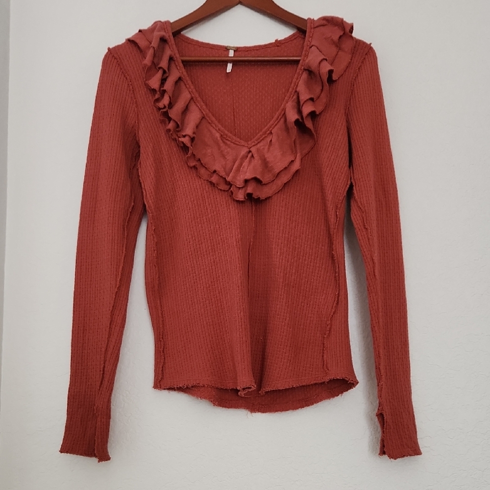 Free People Like New Ruffled V-Neck Long Sleeve Top - Brick Red
